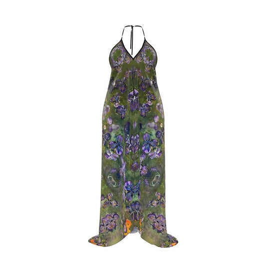 Iris and Poppies on Silk Halter Dress